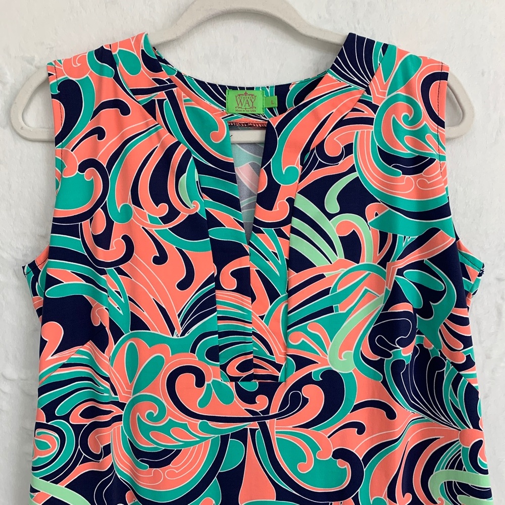 Katherine Way Sleeveless Split Neck Colorful Shift Dress Sz L - Picture 3 of 13